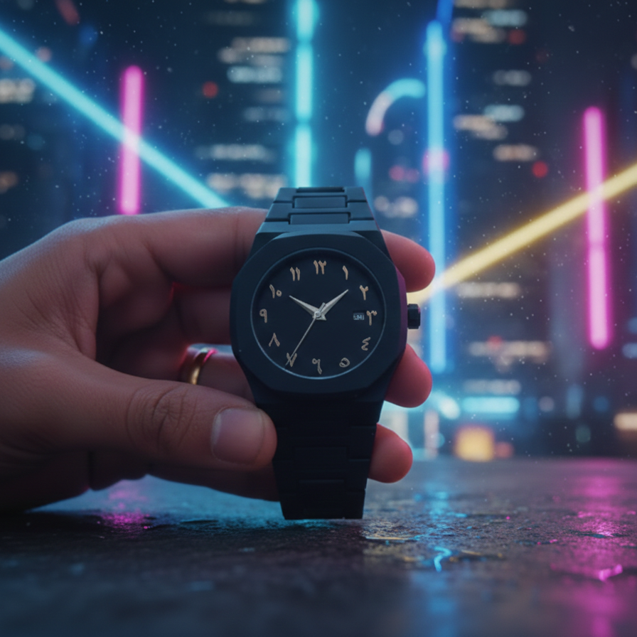 Black Arabic Aura Watch With Eastern Arabic Numerals And Date Elegant Durable Stylish Unique And Modern (Without Box)