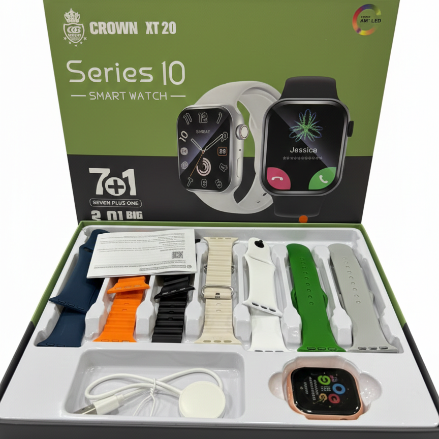 CROWN XT20 Series I0 Smart Watch 7+1 Combo – 2.01” Big Display with 7 Interchangeable Straps & Bluetooth Calling