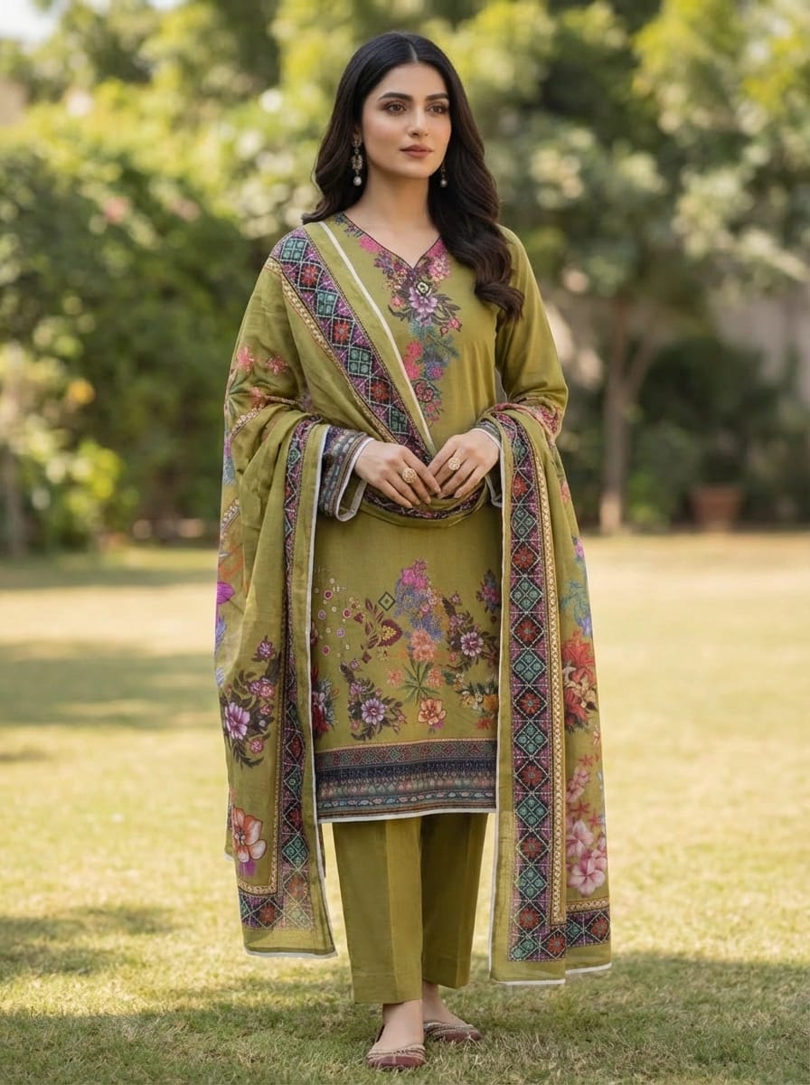 Olive Garden – Premium Digital Printed 3-Piece Lawn Suit