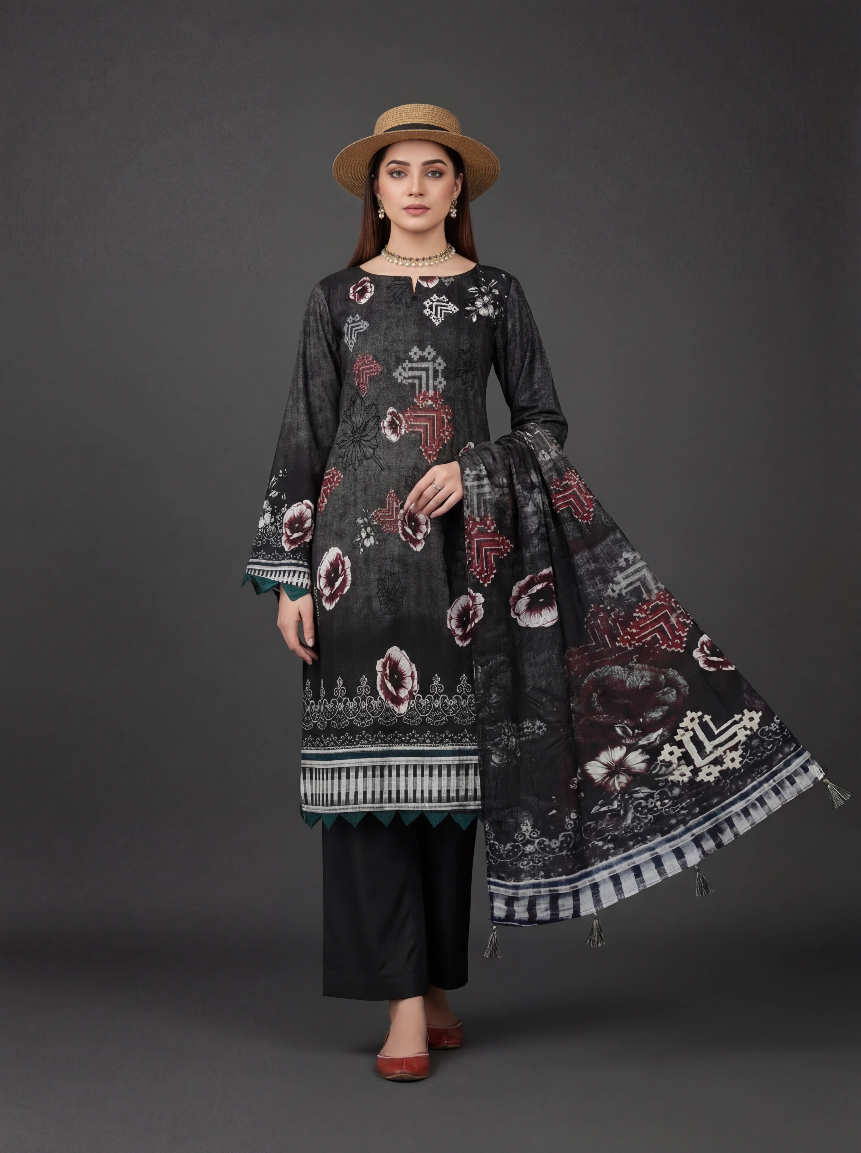 Premium Unstitched Printed Lawn Suit with Chiffon Dupatta - Elegant Black Floral Collection