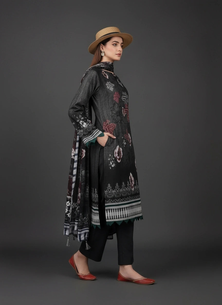 Premium Unstitched Printed Lawn Suit with Chiffon Dupatta - Elegant Black Floral Collection