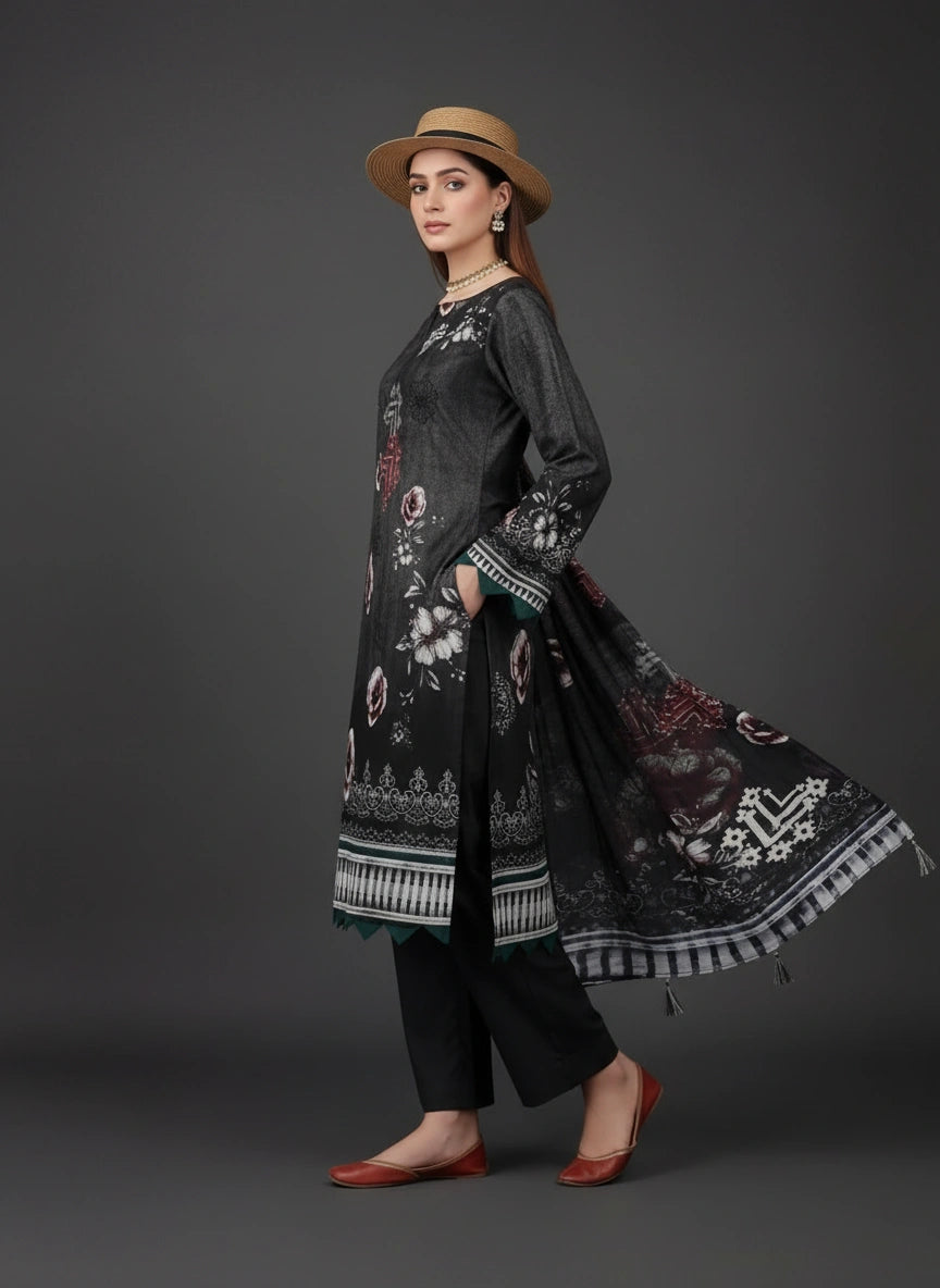 Premium Unstitched Printed Lawn Suit with Chiffon Dupatta - Elegant Black Floral Collection